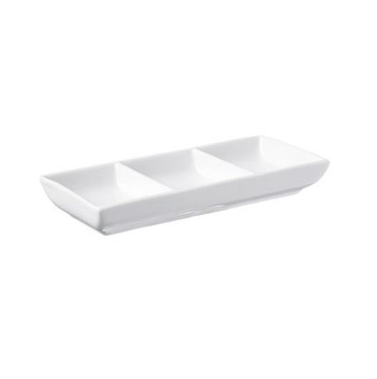 Picture of PRIMA - WHITE - 3 DIV. CONDIMENT DISH - 18 X 2.5CM - 50ML PER SIDE (24) (DA-991)